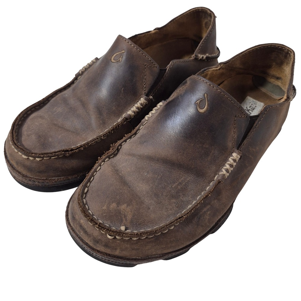 OluKai Moloa Mens Size 7 Brown Leather Slip On Loafers Comfort Casual Shoes